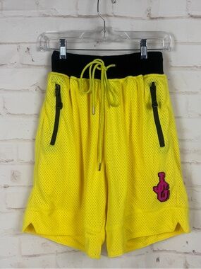 John Geiger JG Chenille Logo Mesh Basketball Shorts Size Small Yellow